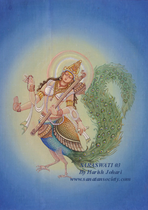 Saraswati with peacock body - This image is protected by digital watermarking - Click here for our free wallpapers.