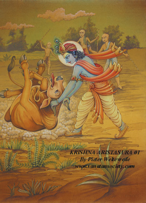 Krishna kills the Bull Aristasura -This image is protected by digital watermarking - Click here for our free wallpapers.
