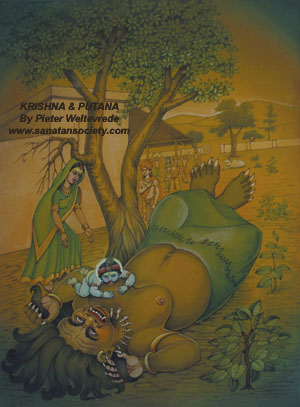 Krishna killing Putana by sucking the life out of her -This image is protected by digital watermarking - Click here for our free wallpapers.